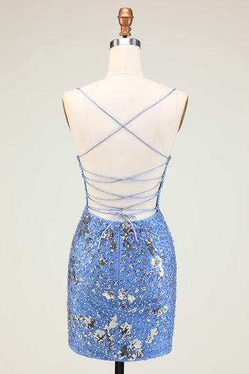 Sparkly Sheath Spaghetti Straps Grey Blue Selenteys Short Homecoming Dress with Criss Cross Back